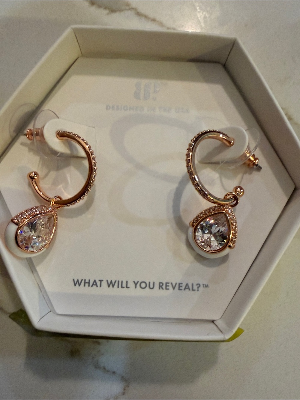 Rose Gold Teardrop Crystal Drop Hoop Earrings